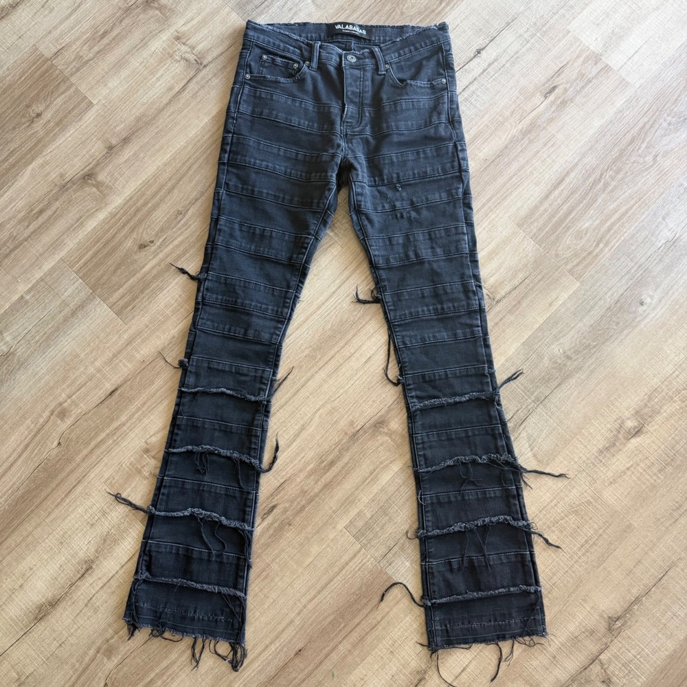 Valabasas Men Stacked Distressed Jeans Washed Black Frayed Panel Denim 32